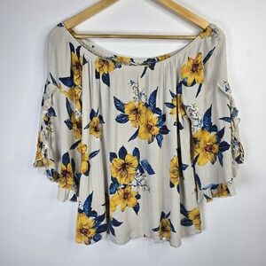 Gypsies & Moondust Blouse Womens Large Ivory Yellow Floral Off Shoulder Boho Top